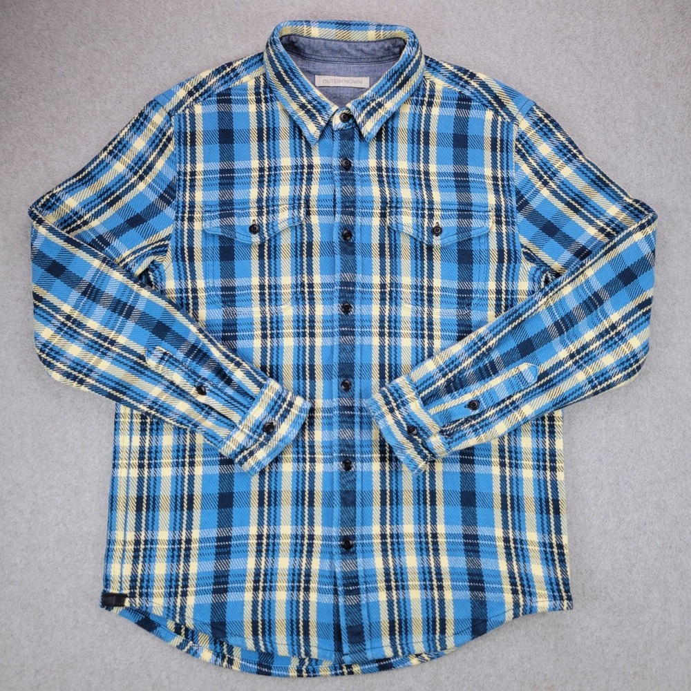 Outerknown Blanket Shirt Mens Medium Blue Yellow Plaid Organic Cotton Flannel